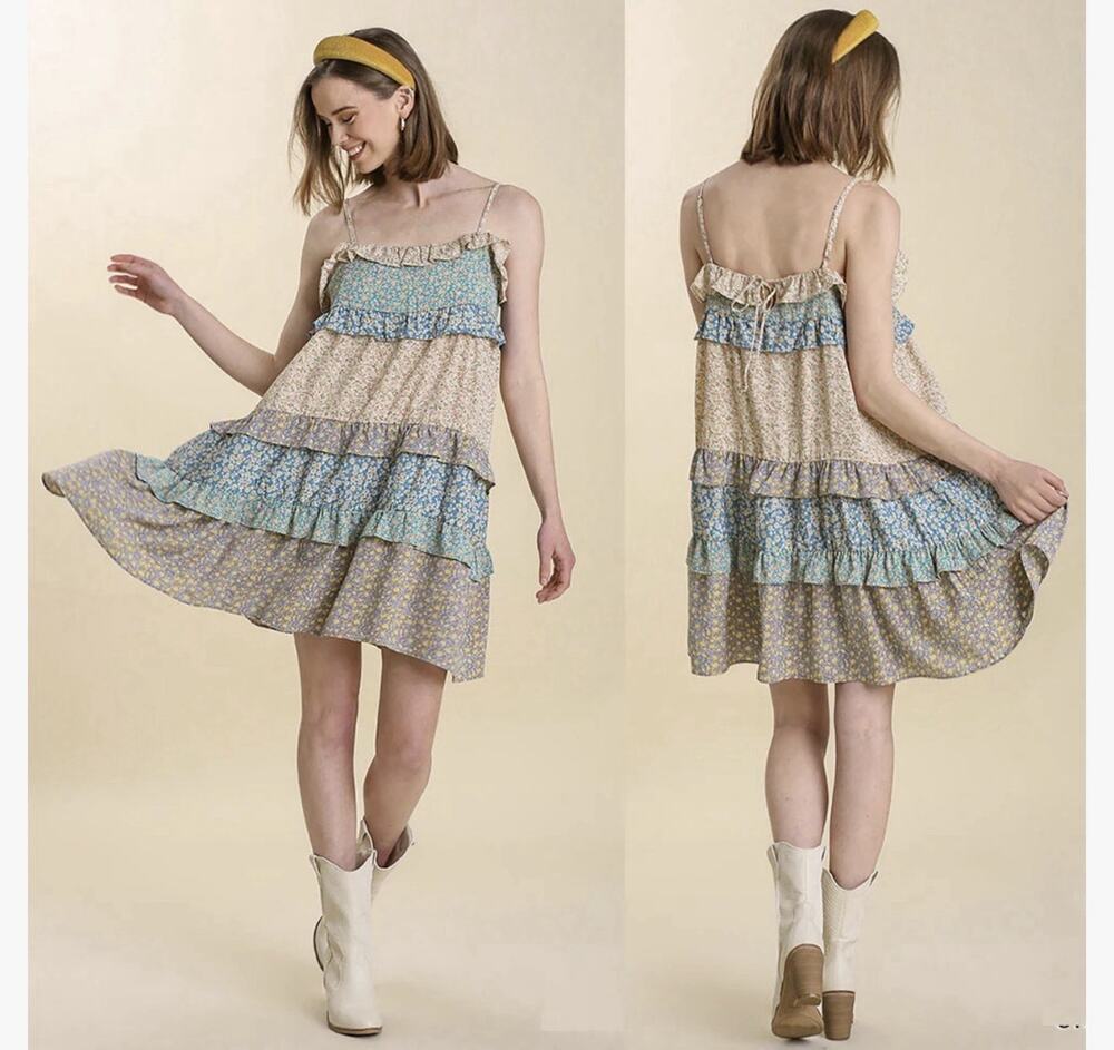Umgee Annie Dress Size Large Ruffle Tiered Floral Boho Peasant Cottagecore Sun
